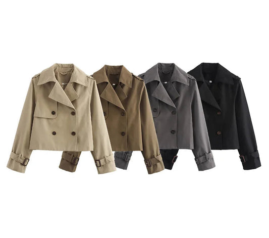 Women Vintage Casual Chic Solid Double Breasted Turn-down Collar Long Sleeve Short Coat Jackets