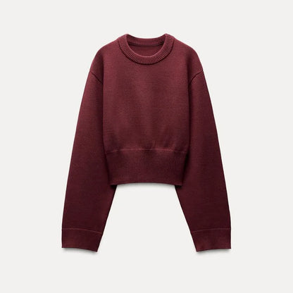2025 New Knitted Women's Sweater Casual Round Neck Elastic Hem Wide Sleeve Crop Pullover Top Ladies Fashion Knitwear Jumper