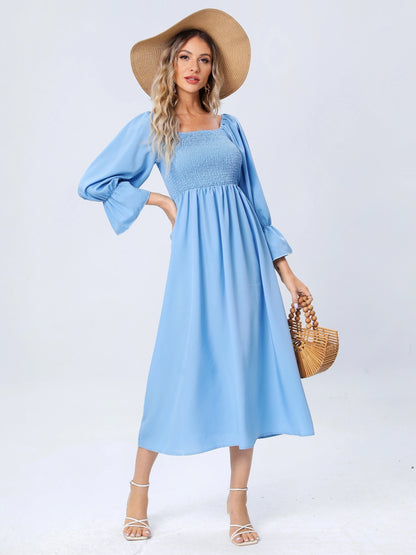 Shirred Solid Dress,Casual Lantern Sleeve Squared Neck Slim Waist Midi Dress, Women's Clothing