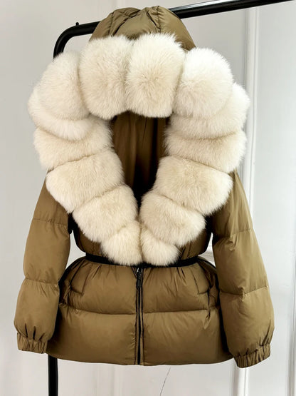 Janveny 2025 Winter Puffer Jacket Women Real Fox Fur Hooded Thick Warm 90% White Duck Down Coat Female Parkas Waterproof
