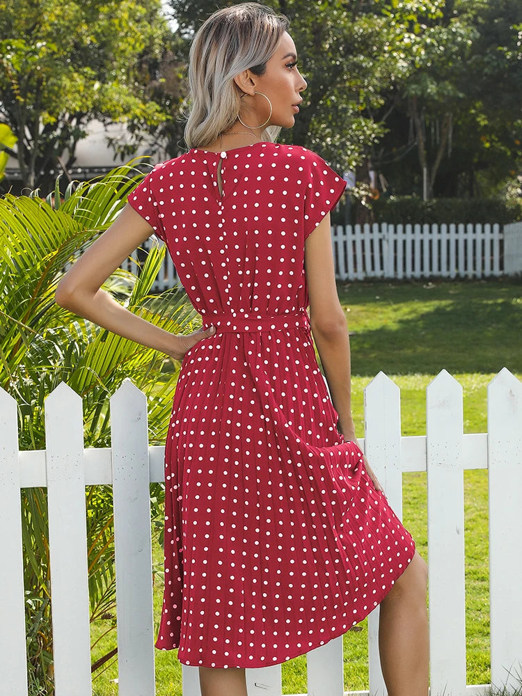 Women Short Sleeve Polka Dot Print Midi Dresses