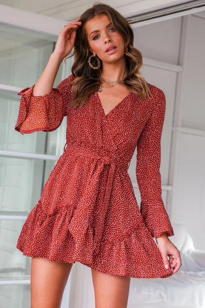 Women'S Autumn V-Neck Sexy Floral High Waisted Jumpsuit Short Skirt Dress Beauty Fashion Clothing
