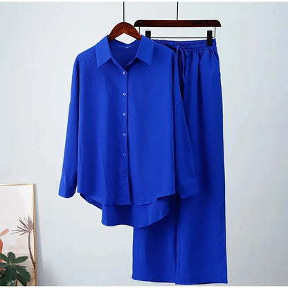 2024 New Style Amazon Autumn/Winter Cotton Linen Solid Color Loose-Fit Shirt Wide-Leg Trousers Casual Suit For Women