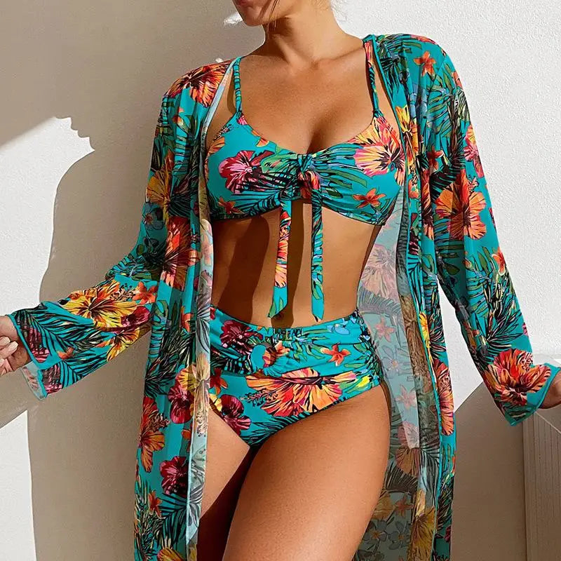 Size S-3XL Bikini Three Pieces Floral Printed Swimsuit Women Bikini Set With Mesh Long-Sleeved Blouse,Bra Top with Pad Swimwear