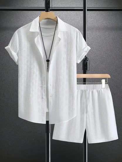 2025 New Summer Men's casual daily outdoor travel solid color jacquard lapel short-sleeved Shirt drawstring Shorts two-piece Set