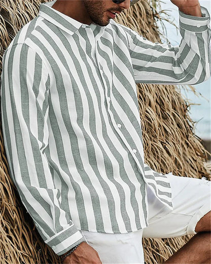 Men's Long sleeved Blue Stripe Printed Shirt Social Luxury Men's Wear Hawaii Elegant Classic Fashion Solid Color
