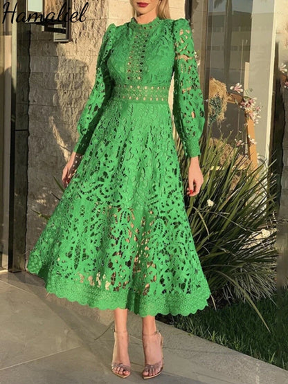 Autumn Vintage Embroidery Hollow Out Dresses Women's Stand Collar Long Sleeve Solid High Waist Elegant Wedding Party Vestidos