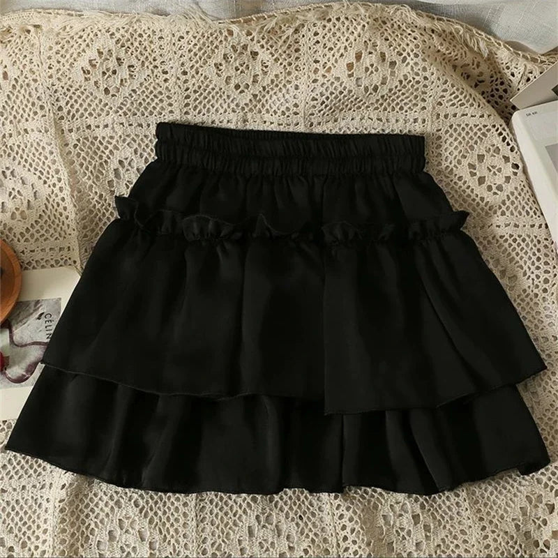 Summer Kawaii White Ruflles Skirt Women Fashion Slim Fit Mini Skirts Giris Y2k All Match Elastic High Waist Black Faldas