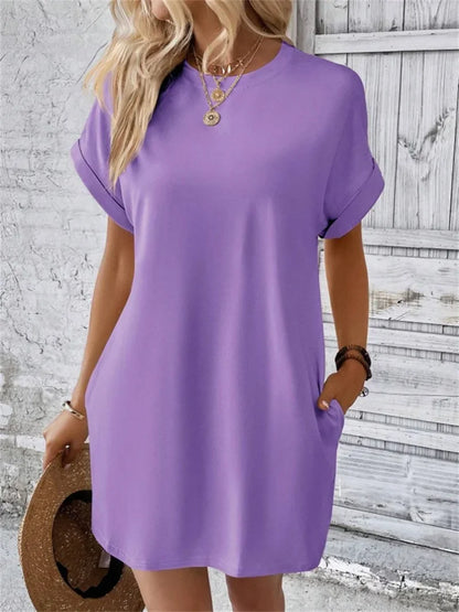 Fashion Solid Color Side Pocket Dresses Women Korean O Neck Pullover Dress Summer Female Comfortable Commuter Casual Short Gown