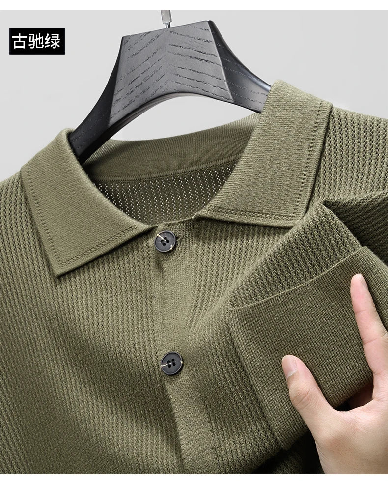 High-quality Men's Delicate Hollow Knit Cardigan, Lapel Single-breasted Button Autumn Sweater Versatile Knitwear for Daily Wear.