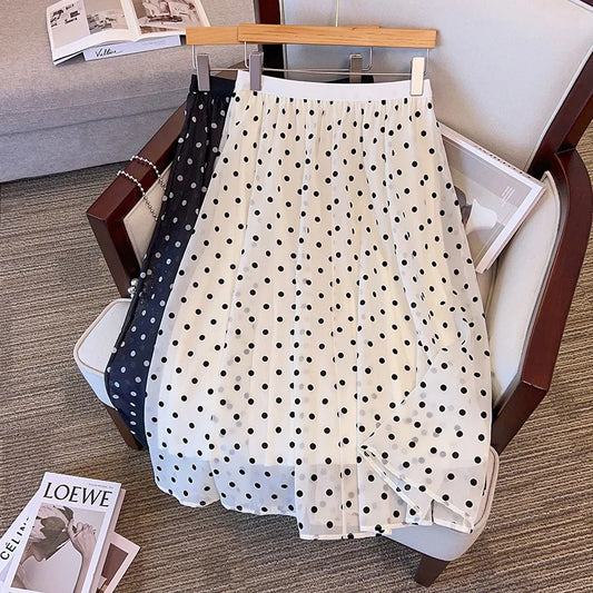 175Kg Plus Size Women Hip 175 Summer Loose A-Line Polka Dot Chiffon Skirt Black Apricot 4XL 5XL 6XL 7XL 8XL 9XL