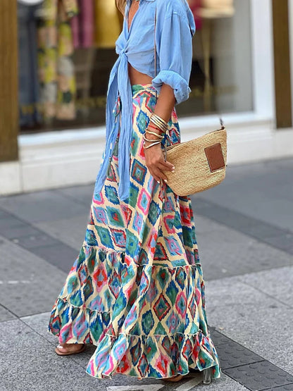 High Waist Patchwork Ruffles Print Skirt Summer Elegant Women Casual Long Skirt Femme Loose Floor-Length Maxi Skirt Dropshipping