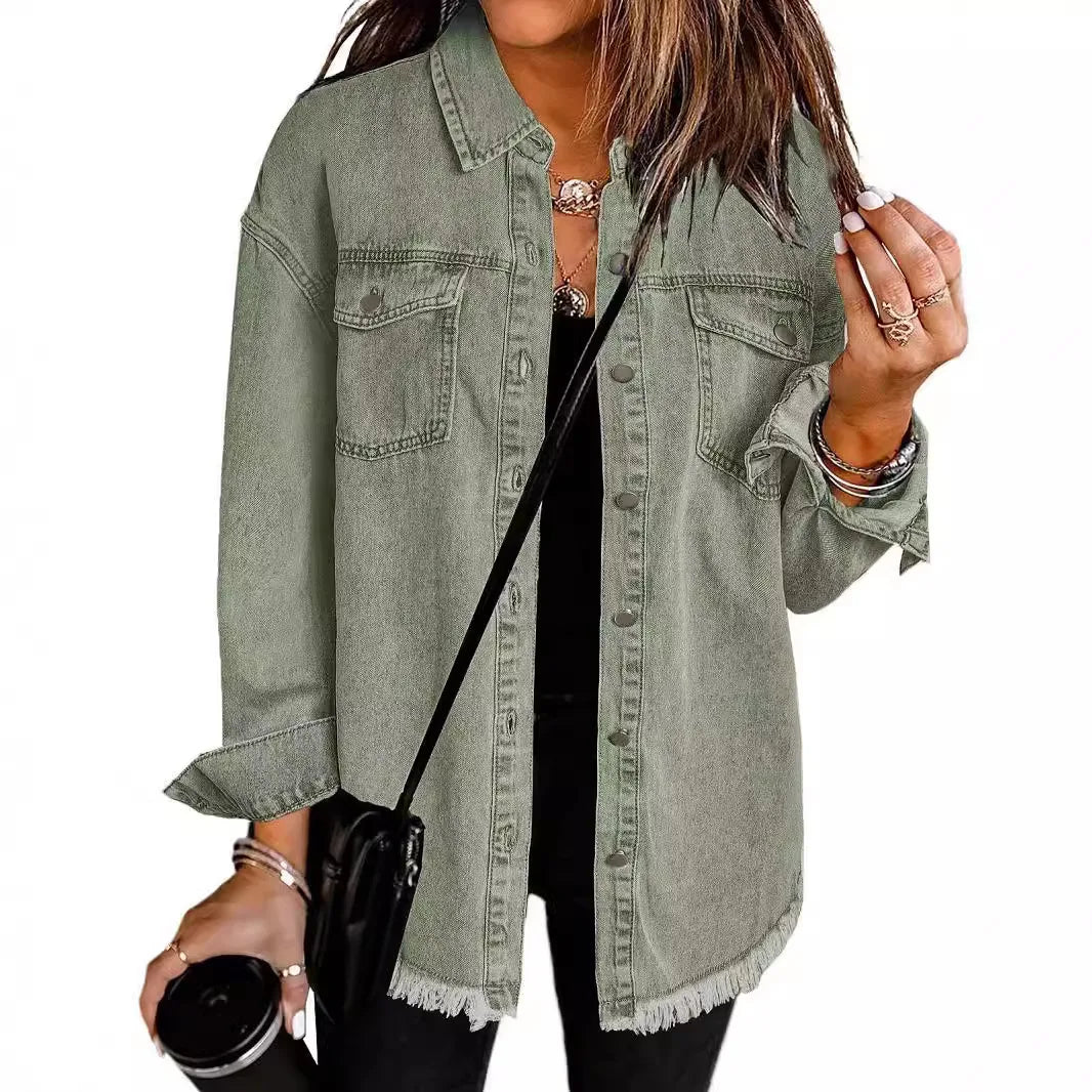 Women Denim Shirt Turn Down Collar  Streetwear Open Stitch Single Breasted Casual Loose Jackets