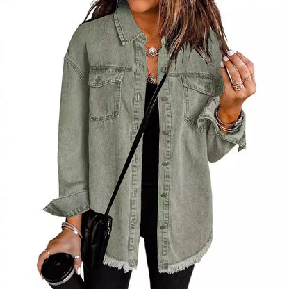 Women Denim Shirt Turn Down Collar  Streetwear Open Stitch Single Breasted Casual Loose Jackets