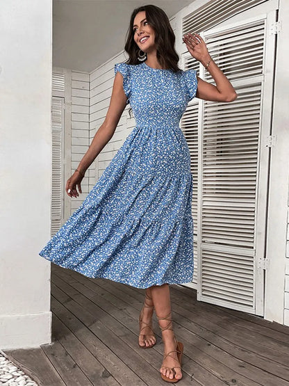 Msfilia Summer Retro Women's O Neck Sleeveless Midi High Waist Blue Floral A Line Chic Long Dress For Fashion