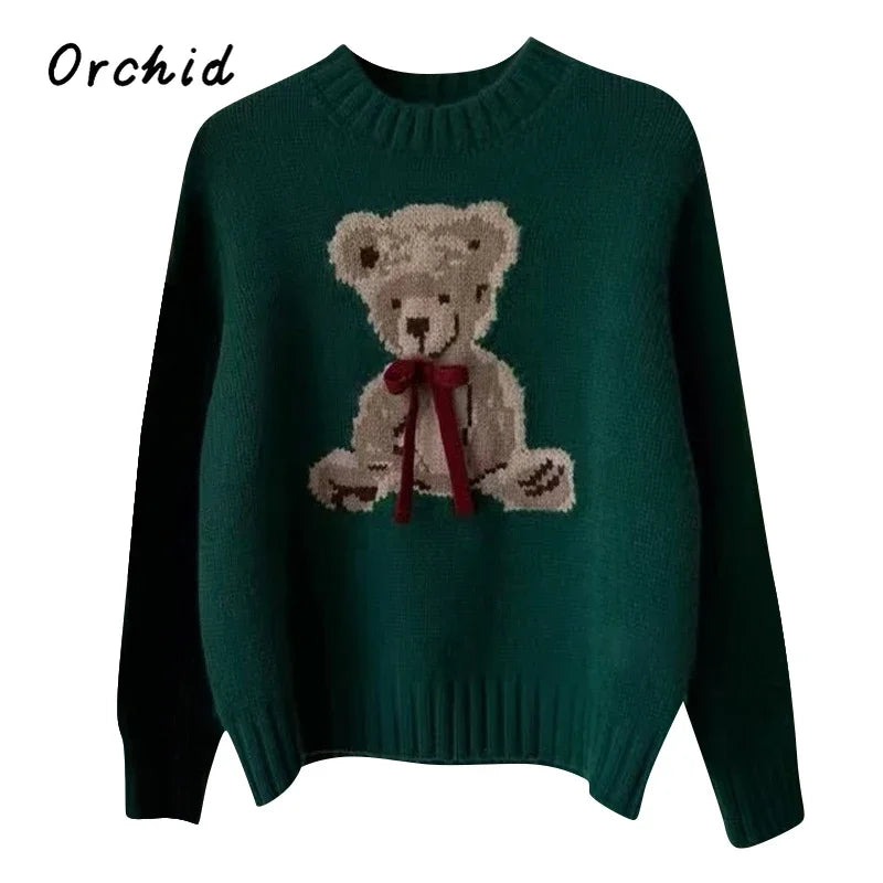 Christmas Sweet Style Knitting Long Sleeve Casual Pullovers 2025 Winter Women Lovely Jumpers Bow Round Neck Ladies Red Sweater