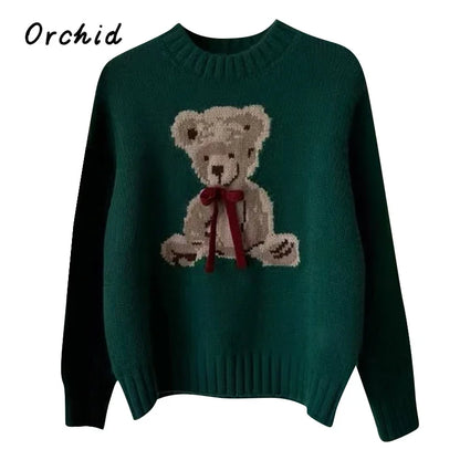 Christmas Sweet Style Knitting Long Sleeve Casual Pullovers 2025 Winter Women Lovely Jumpers Bow Round Neck Ladies Red Sweater