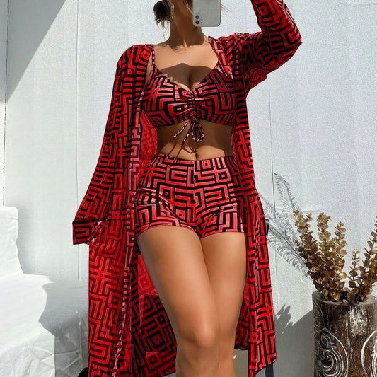 Print Swimsuits Tankini Set with Long Cover Ups Female Swimwear Sports Beach Wear 3 Piece Bathing Suit Women Swimming Bikinis