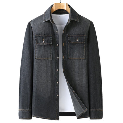 New Autumn Cotton Denim Shirts Men Slim Fit Smart Casual Solid Color Long Sleeve Mens Jeans Shirt  Fashion Male Shirt Black Blu