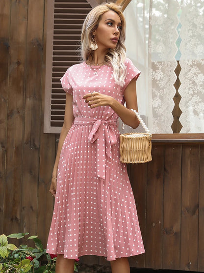 Women Short Sleeve Polka Dot Print Midi Dresses