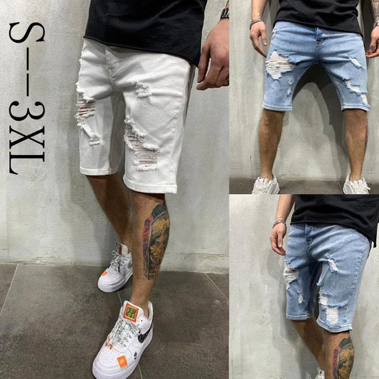 Ripped tassel denim shorts New  Summer Men's Personalized Washable Perforated Denim Pants Large Casual Middle Pants