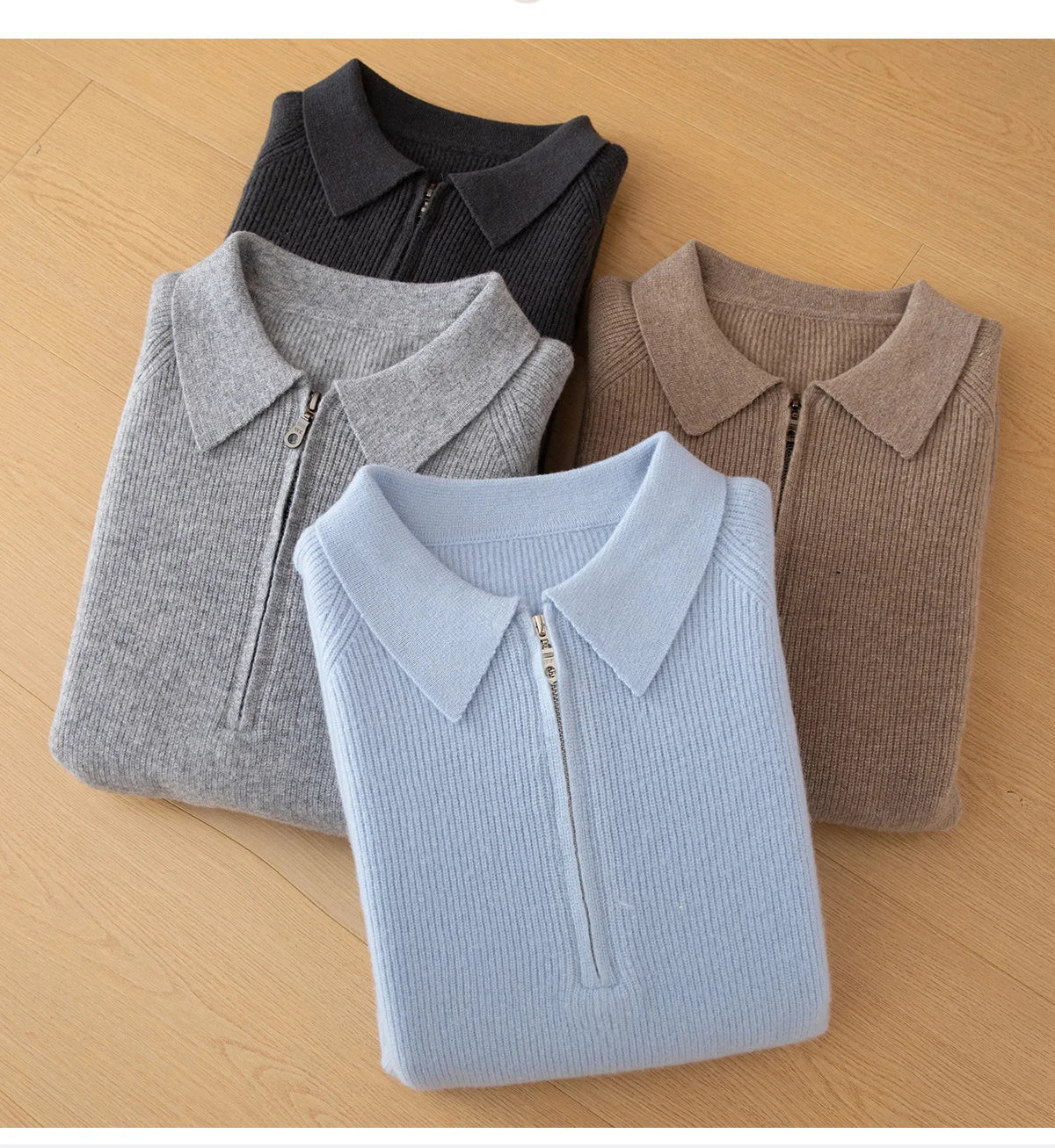 Luxury 100% Merino Wool Sweater for Men Half Zipper Polo Collar Pullover Autumn Winter Cashmere Thick Knitwear Smart Casual Top