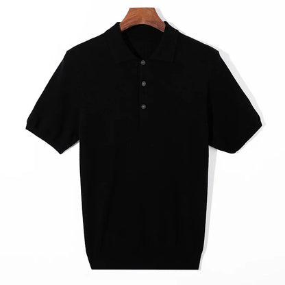Summer Classic Men Knitwear Silk Wool Blend Sweater Pullover Polo Neck T-Shirt Short Sleeved Cool High-Quality Clothing Tops