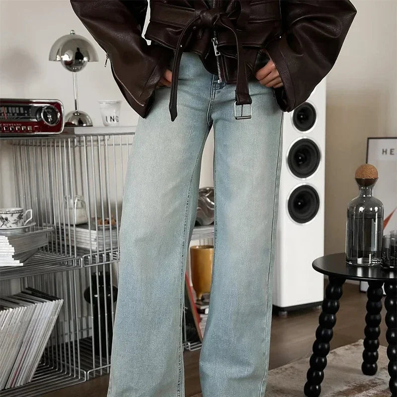 Brown Lapel Leather Bomber Jacket Women's Fashion Full Sleeve Zipper Pocket Lace Up Belt Coat 2025 Autumn High Street Outerwear