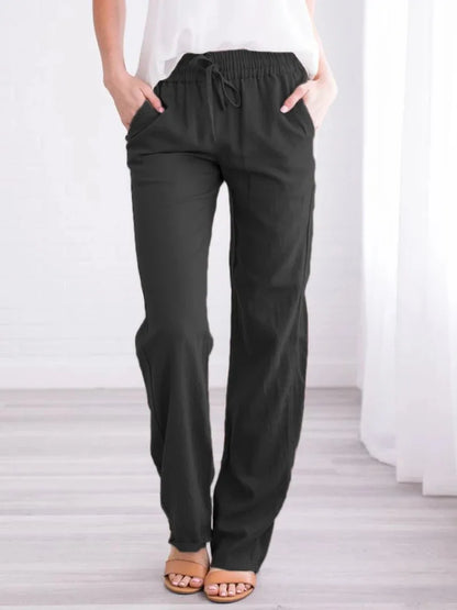 Women's Summer Cotton Hemp Drawstring Loose Relaxed Wide Leg Pants Trouser