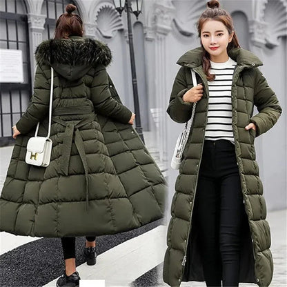 Women Parkas Fur Collar Hooded Cotton Padded Long Coat  Jackets