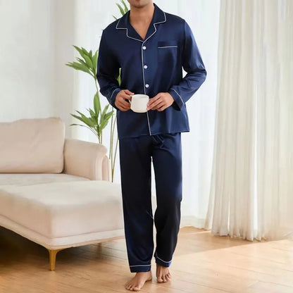 Men's Satin Pajama Set Linter Lapel Collar Long Sleeve Tops & Pants Sleepwear Button Down Loungewear Autumn Pyjama For Man