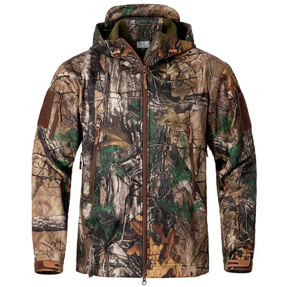 Men's Silent Camouflage Hunting Jacket Soft Shell Outdoor Hiking Fishing Hooded Coat Waterproof Fleece Tactical Jackets