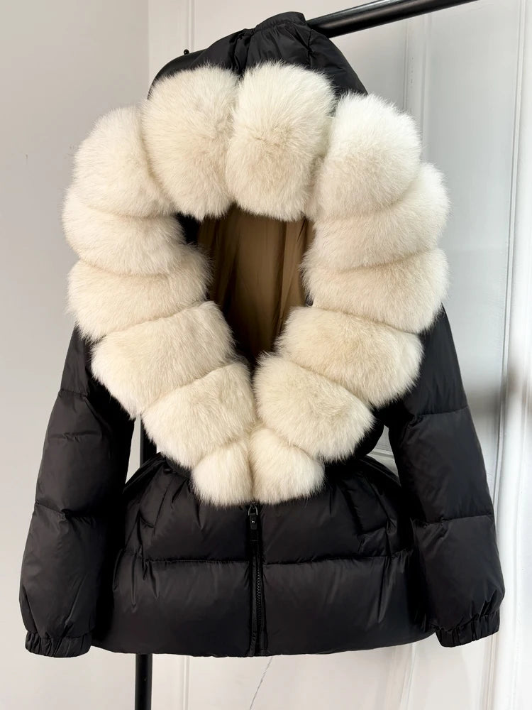 Janveny 2025 Winter Puffer Jacket Women Real Fox Fur Hooded Thick Warm 90% White Duck Down Coat Female Parkas Waterproof