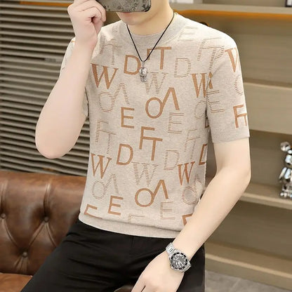 Trend Fashion Autumn Winter New Men O-Neck Letter Printing Korean Casual All-match Short Sleeve Slim Pullovers Knit T-shirt Tops