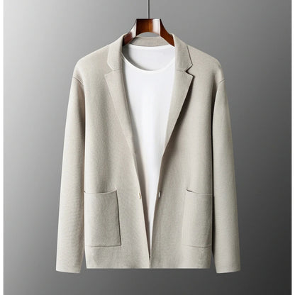 Autumn Winter New 100% Merino Wool Men's Suit Collar Knitted Cardigan Thickened Solid Color Suit Shirt Cashmere Sweater Jacket