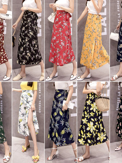 High Waist Long Skirt  Wrap Dress Asymmetrical Hem Chiffon Floral Print Belted Midi Skirt for Short Women Summer Dress