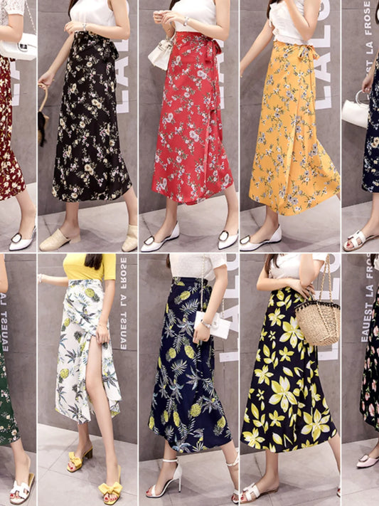 High Waist Long Skirt  Wrap Dress Asymmetrical Hem Chiffon Floral Print Belted Midi Skirt for Short Women Summer Dress