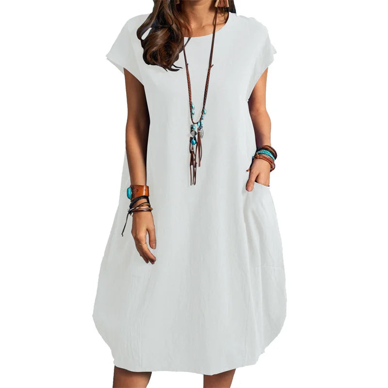 Summer Breathable Cotton Linen Solid Color Dresses Female Comfortable Casual Loose Dressy Women's Crew Neck Double Pockets Gown