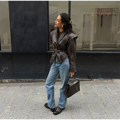 Brown Lapel Leather Bomber Jacket Women's Fashion Full Sleeve Zipper Pocket Lace Up Belt Coat 2025 Autumn High Street Outerwear