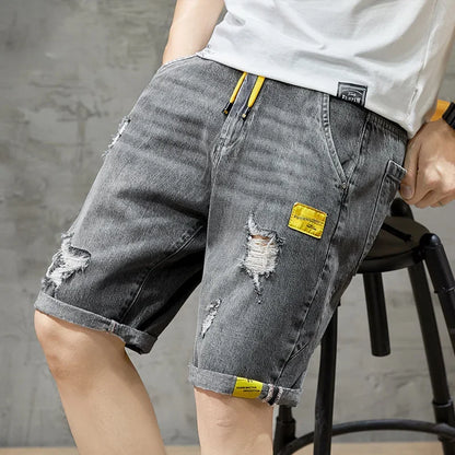 Summer Denim Shorts For Men Trendy Ripped Elastic Waist Loose Fit Casual Jeans 5 Minute Length Middle Pants
