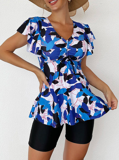 2025 Printed Tankini Set Two Piece Swimsuit Women Tie Front Drawstring Swimwear Female Bathing Swimming Suit Beachwear Summer