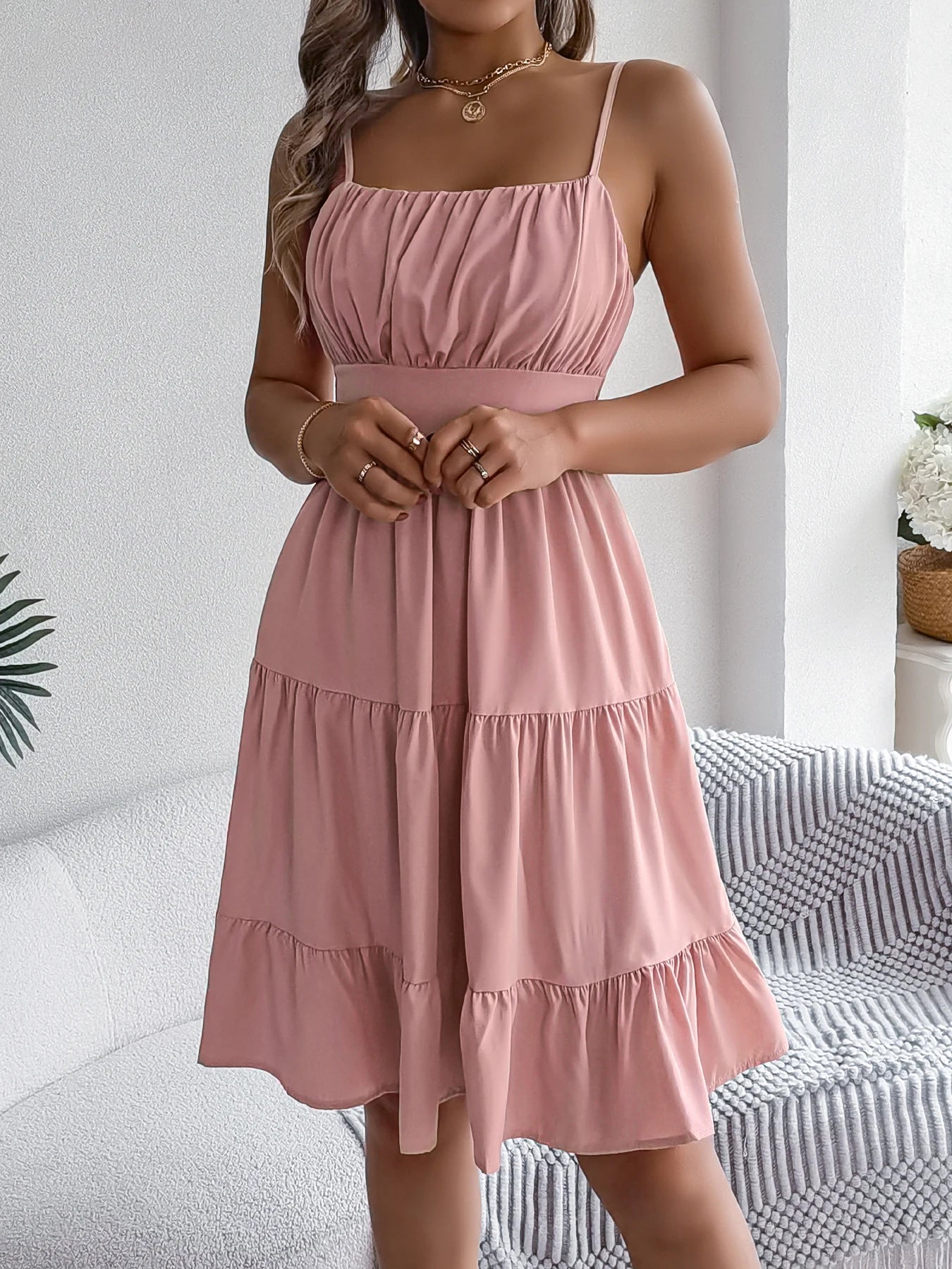 Casual Vacation Ruffled Camisole Dress Spring Summer Women's Solid Dresses for Women