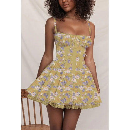 Sexy Lace Floral Corset Short Dress Women's Slip White Yellow Casual Bandage Dresses Female Clothing Party Birthday Summer 2025
