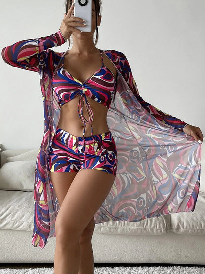 Summer Print Swimsuits Tankini Sets Female Swimwear Push Up For Beach Wear Three-Piece Bathing Suits Pool Women's Swimming Suit