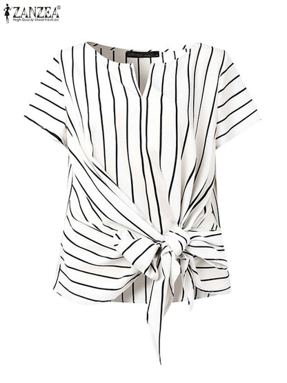 ZANZEA Women Fashion Tie-Front Striped Blouses 2025 Summer Stylish V-Neck Short Sleeve Tops Elegant Casual Commute Blusas Mujer