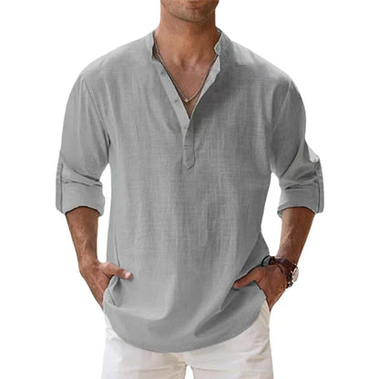 Men Cotton Linen Long Sleeve Casual Lightweight Henley Beach Hawaiian Shirt