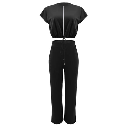 Women Short Sleeve Top & High Waist Pants Set