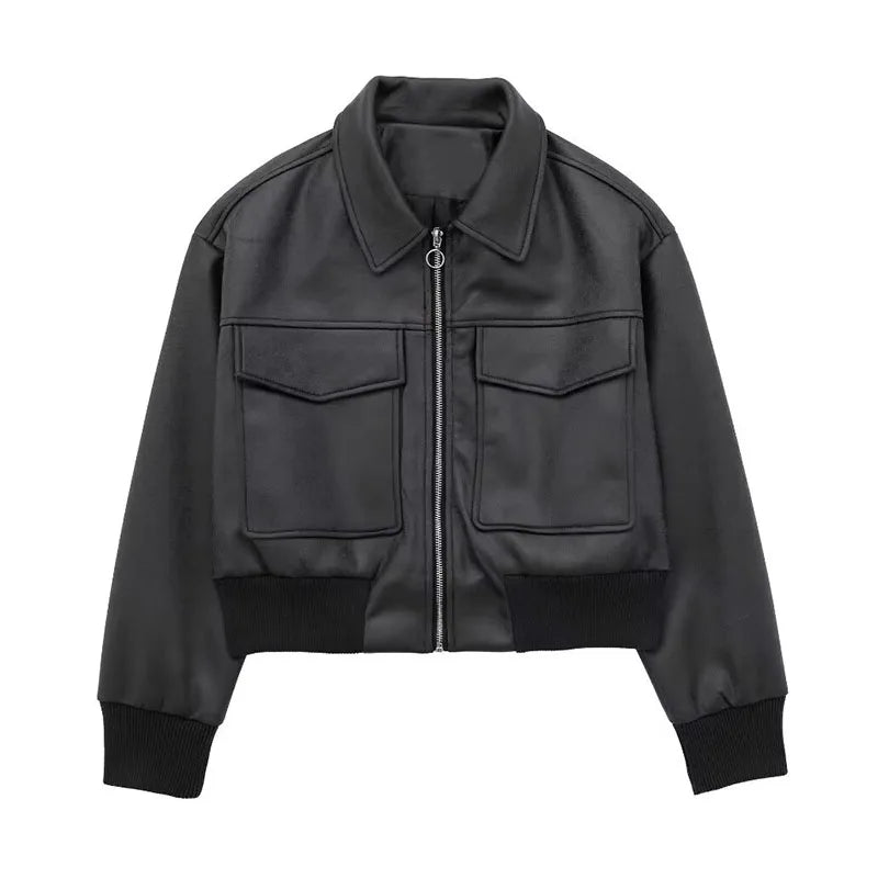 TRAFZA Winter Short Coats Woman Trendy Black Turn-Down Collar Long Sleeves Pockets Zipper Female High Street Thick Jackets
