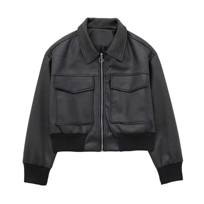 TRAFZA Winter Short Coats Woman Trendy Black Turn-Down Collar Long Sleeves Pockets Zipper Female High Street Thick Jackets