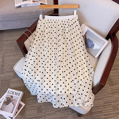 175Kg Plus Size Women Hip 175 Summer Loose A-Line Polka Dot Chiffon Skirt Black Apricot 4XL 5XL 6XL 7XL 8XL 9XL